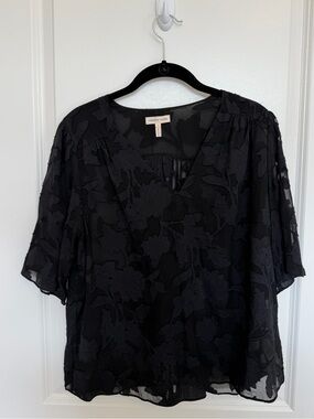 Rebecca Taylor Black Floral V-Neck Sheer Blouse